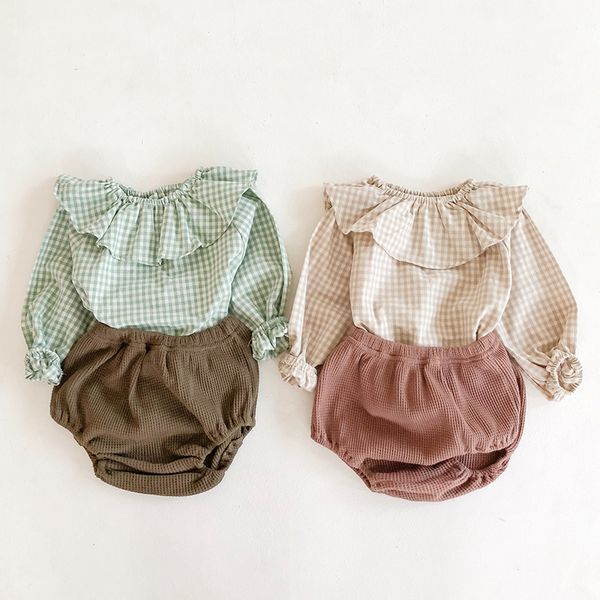 

clothing sets infant baby girls grid long sleeve + bread pants 2021 spring autumn kids girl suit clothes, White