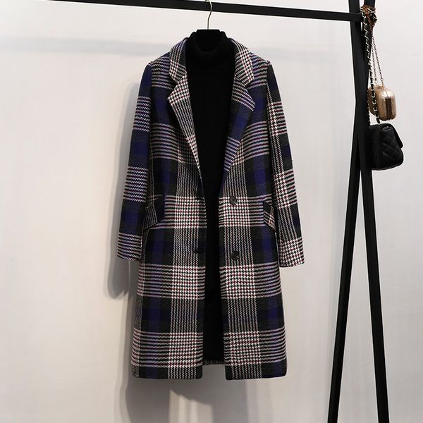 

women's wool & blends 2021 women coat winter plaid jacket warm woolen female long single-breasted overcoat elegant outerwear p74, Black