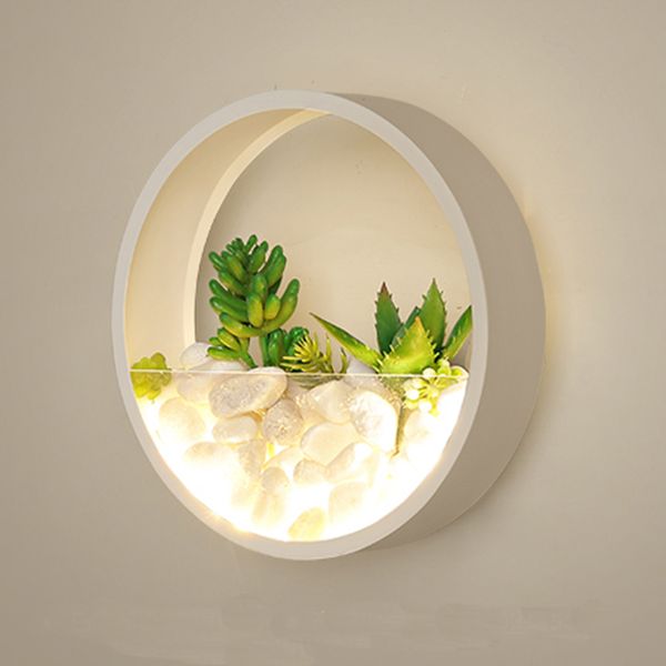 

wall lamp modern plant led bedroom bedside decor metal sconce white black lights round artificial flowers stone