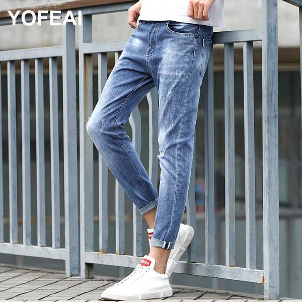 

elastic men's sweatpants hole jeans pants casual summer autumn male ripped skinny trousers slim biker outwears pants, Blue
