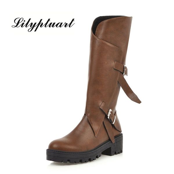 

2020 new belt buckle short boots high tube large size european and american style high boots round head with the knight, Black