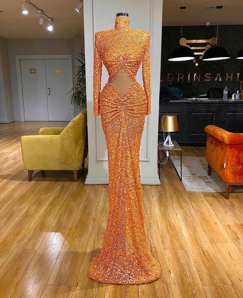 

crop sequined prom dresses full sleeve pleats mermaid evening gowns high neck pearls beads party gowns vestido de novia, Black