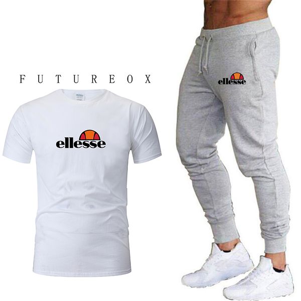 

men running clothes 2020 summer men sportswear set fitness clothes print trousers + t-shirt 2 pieces set t-shirt, Black;blue
