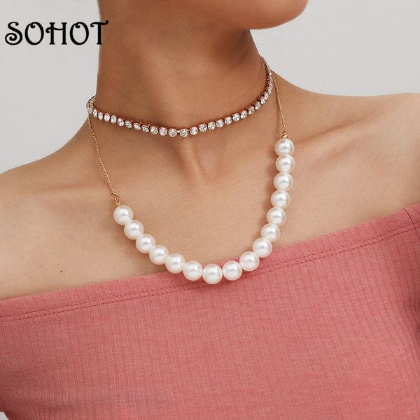 

chokers so european brand double layer imitation crystal round pearl women choker necklace chic charming for female party jewelry, Golden;silver