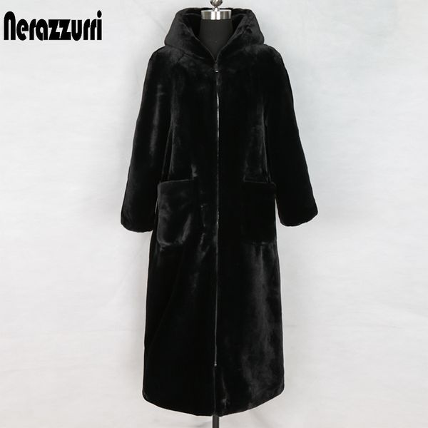 Cappotto lungo invernale in pelliccia sintetica Nerazzurri con cappuccio manica lunga cerniera nero peloso finta pelliccia di coniglio outwear plus size giacca in montone T200907