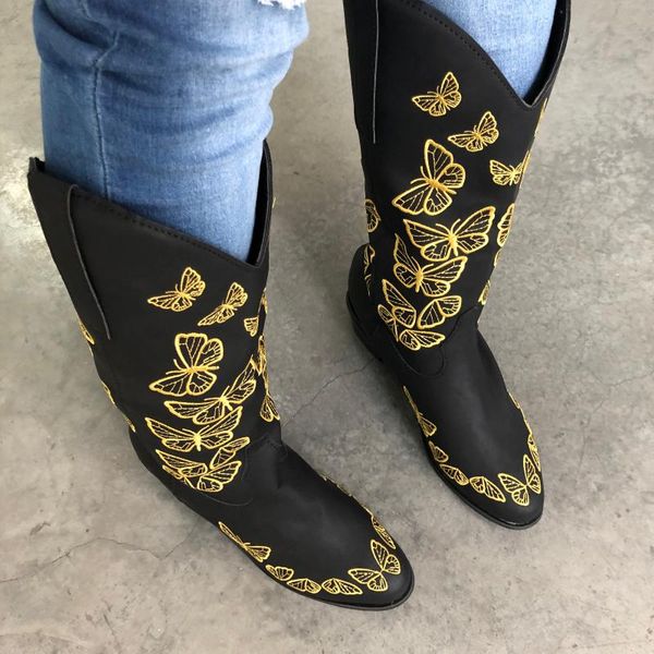 

women's rustic tan embroidered butterfly cowgirl boots western boots womens retro knee high handmade leather cowboy, Black