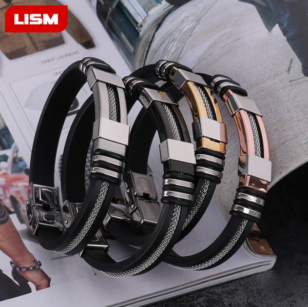 

bangle stainless steel silicone black bracelet men wristband punk style design simple rubber for pulsera hombre