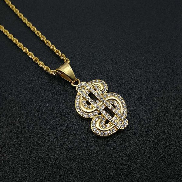 

pendant necklaces hip hop rhinestones paved gold color stainles steel money dollars sign pendants for men rapper jewelry gift, Silver
