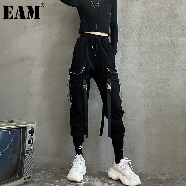 

eam] high elastic waist black zipper long harem trousers new loose fit pants women fashion tide spring autumn 2020 1da335, Black;white