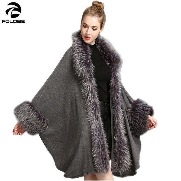 

women's fur & faux fake coat autumn and winter lady loose gray knitted shawl cardigan fashion women bat sleeve poncho cape, Black