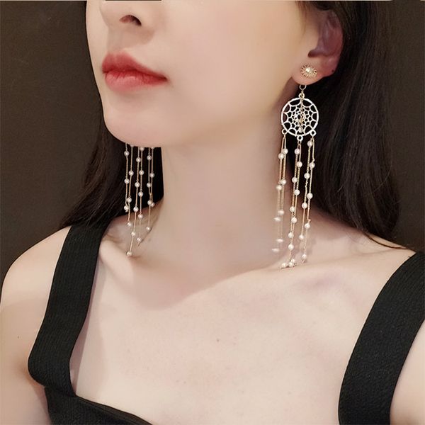 

personality trend exaggerated dream net fashion stud earrings imitation pearl hollow out hanging dangle prevent allergy earrings, Silver