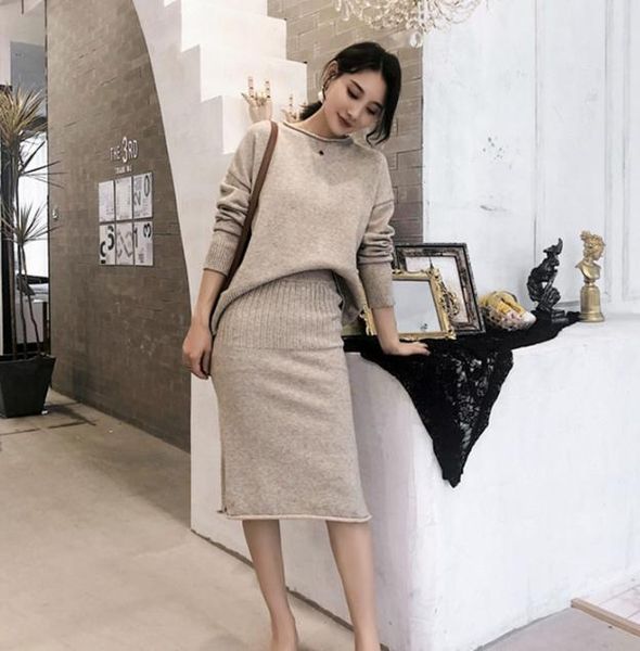 

fashion women's suit 2020 winter new casual round neck knitted sweater + slim women's skirt two-piece x0923, Gray