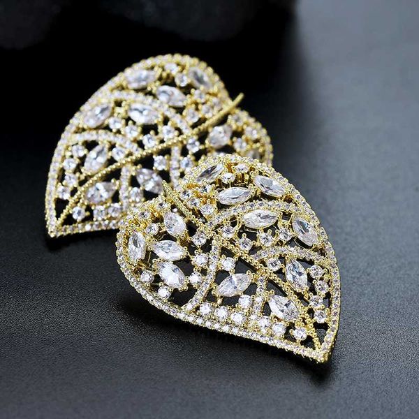 

xiumeiyizu leaves shape earrings for women fashion jewelry cz stones stud earrings luxury gold plating jewelry, Golden;silver