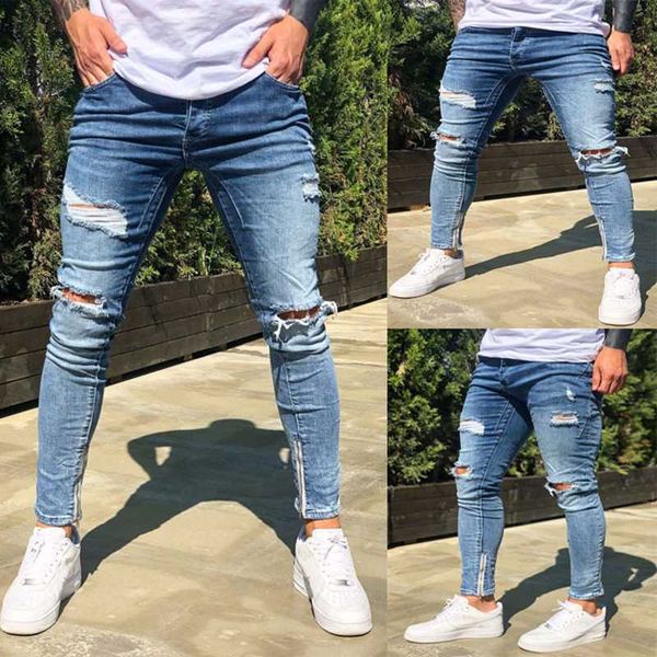 

men's jeans men ripped slim ankle stretch knee hole tight for, Blue