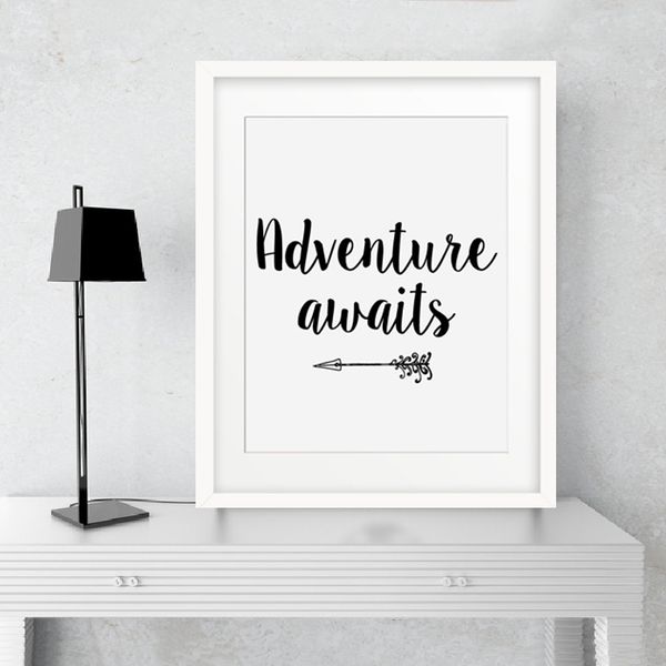 

paintings adventure awaits arrow canvas black white poster print motivational quote nursery art wall pictures kids room decor