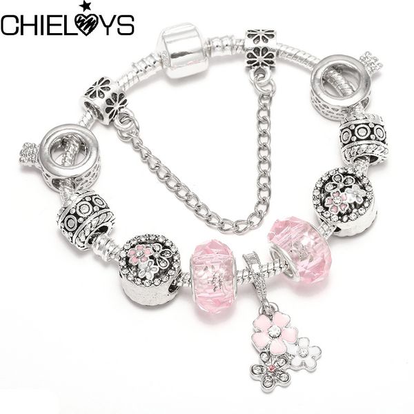 

chieloys sweet pink flower brand charm bracelet & bangle with safety chain crystal glass beads bracelet for women diy jewelry, Golden;silver