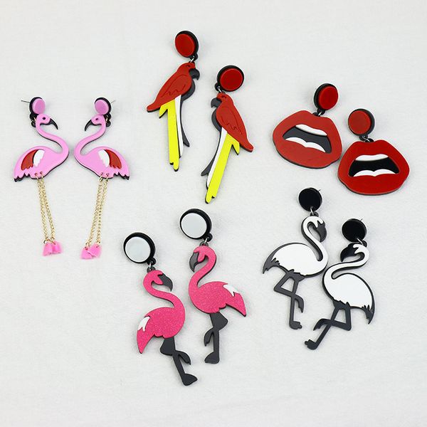 

fashion big acrylic flamingo parrots drop earrings for women punk hip hop birds dangle long earring female brincos party jewelry, Silver