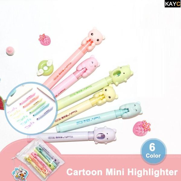 

6pcs/bag cartoon fluorescent highlighter kawaii mini diy coloring textmarker neon assorted colors pen for children students gift, Black;red