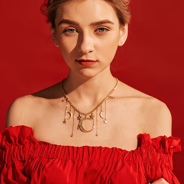 

retro necklace female temperament fashion jewelry personality star and moon tassel necklace dress wild short sweater chain, Silver