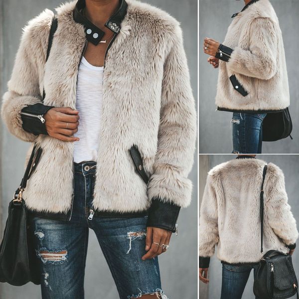 

fur jackets 2019 new fashion women faux fur coat biker streetwear teddy bear pocket fleece jacket zip up outwear women clothes, Black
