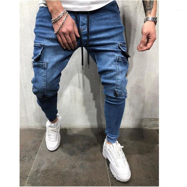 

drawstring mens skinny jeans casual males pencil long pants solid color mens jeans light washed, Blue