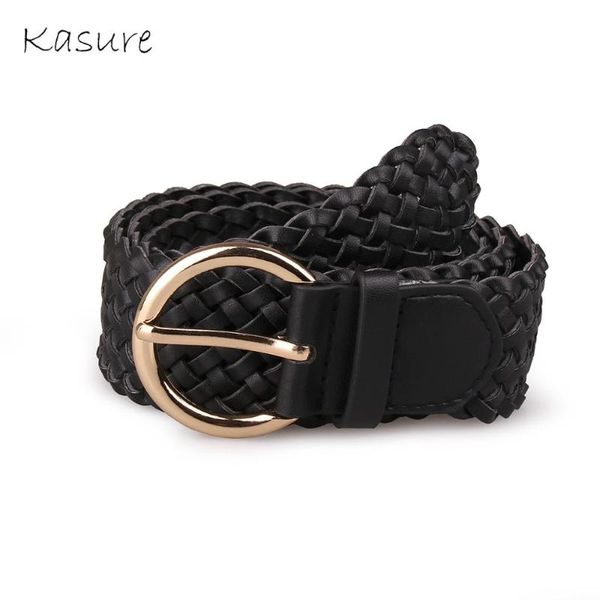 

kasure black woven pu leather belt gold round ring buckle adjustable jeans belts for women, Black;brown