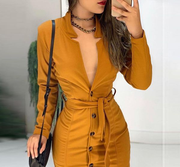 

slim single breasted womens dresses casual solid colors deep v-neck belt long sleeve women dress, Black;gray