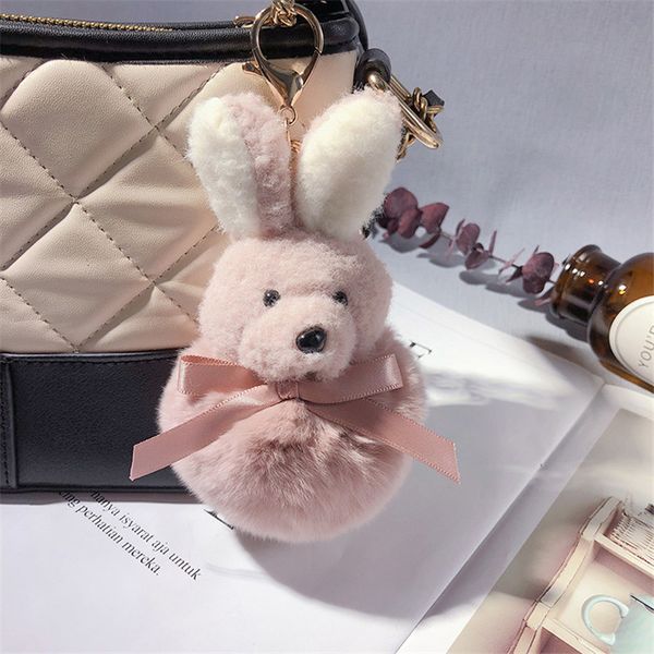 

cute soft fluffy rex rabbit fur pom pom key chain bunny keychain chaveiro rabbit bag car ornament fur ball key ring 2020, Silver