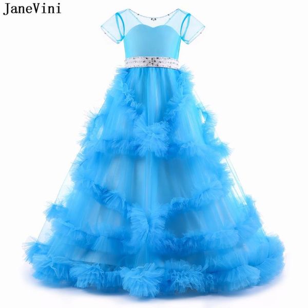 

janevini gorgeous blue tulle flower girl dresses cloud ball gown short sleeves ribbon sashes beaded girls evening pageant gowns, Red;yellow