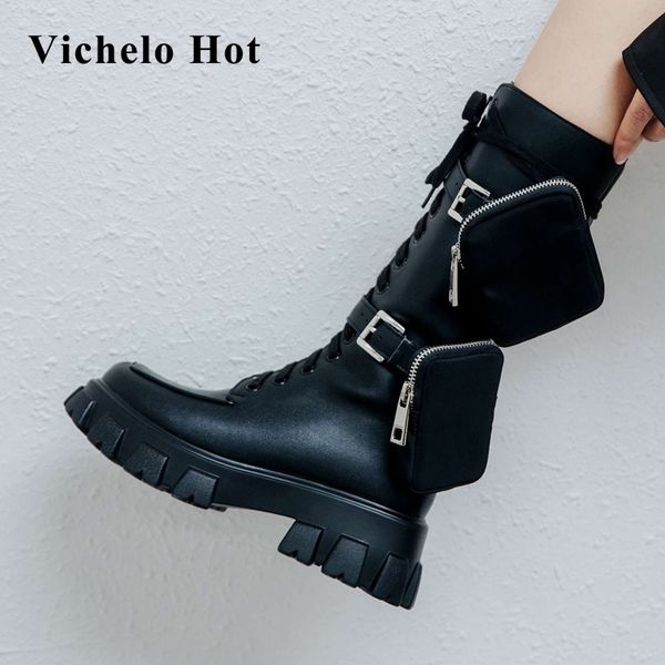 

vichelo motorcycle boots real leather cross-tied handsome round toe zipper buckle decorations waterproof knee-high boots l42, Black