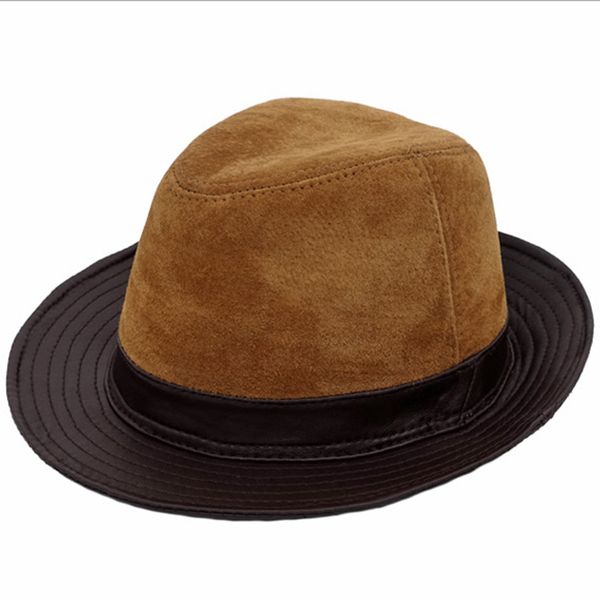 

wholesale new men's genuine leather fedoras hat winter cowhide leather jazz hats elegant fashion women's brand cap, Blue;gray