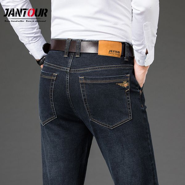 

jantour brand cotton comfortable denim jeans men autumn winter business thick straight casual jean pants big size 40 42 44 46, Blue