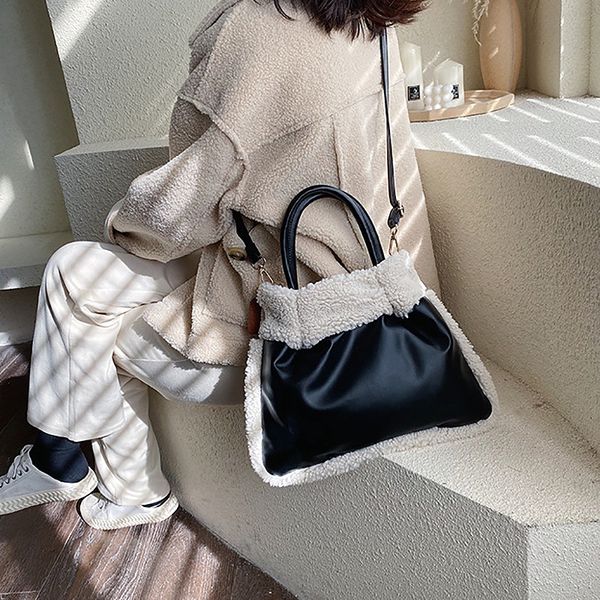 

fashion lamb cashmere women handbags plush shoulder bags pu leather crossbody bag large capacity totes lady purse