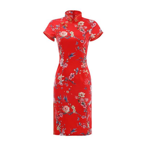 

ethnic clothing chinese traditional cheongsams for women summer satin floral printed slim short sleeve split dress qipao, Red