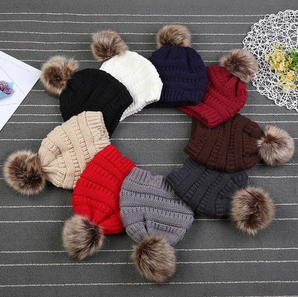

kids pompom beanies baby knitted winter warm hats thick stretchy knit beanie cap bobble beanie hats 9 colors ooa389, Blue;gray