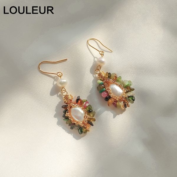 

louleur natural big pearl серьги vintage пресной воды pearl красочные камень серьги для женщин эллегантностью ювелирные изделия ручной работ, Silver