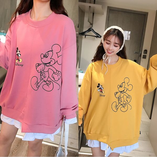 

2020 autumn women's korean new women's round neck pullover pullover sweater stitching loose fake two-piece sweater female cartoon, Black