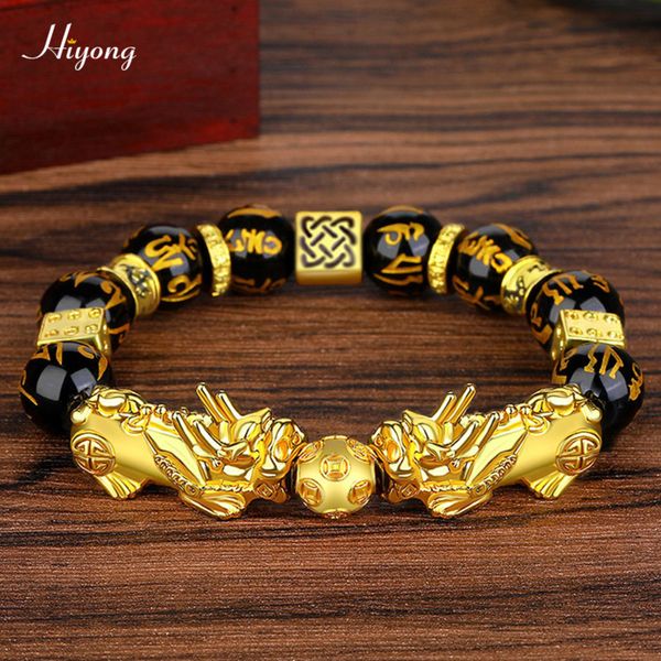 

black obsidian stone beads pixiu feng shui bracelet gold color buddha good luck wealth bracelets for women men jewelry v5pg, Golden;silver