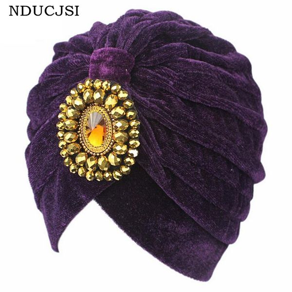 

nducjsi women fall solid colors gold beads drill united states popular headdress turban caps casual pleuche beanies, Blue;gray