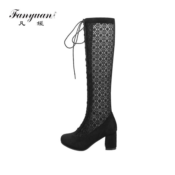 

fanyuan cross-tied summer boots solid butterfly-knot high heel knight boots mesh breathable knee-high spring women shoes, Black