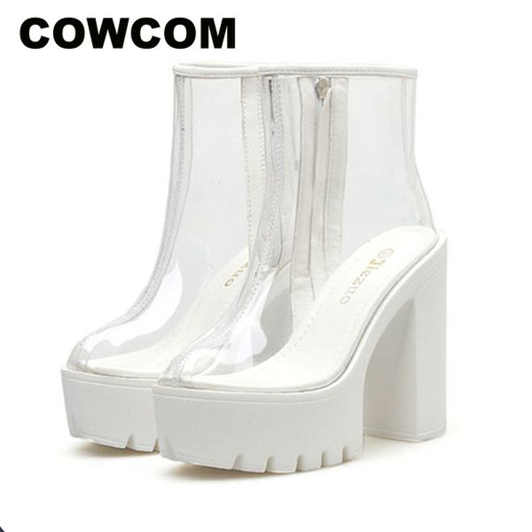 

cowcom 19 women clear boots transparent white bottom waterproof platform thick heel high heel round roe boots shoes df-jz750-1, Black