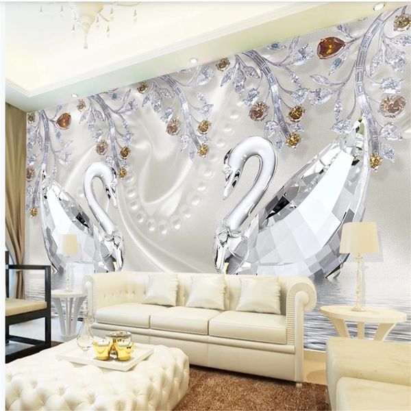 3D estereoscópico wallpaper diamante Swan Lake Romantic Jóias papéis de parede bonitos Background TV Wall