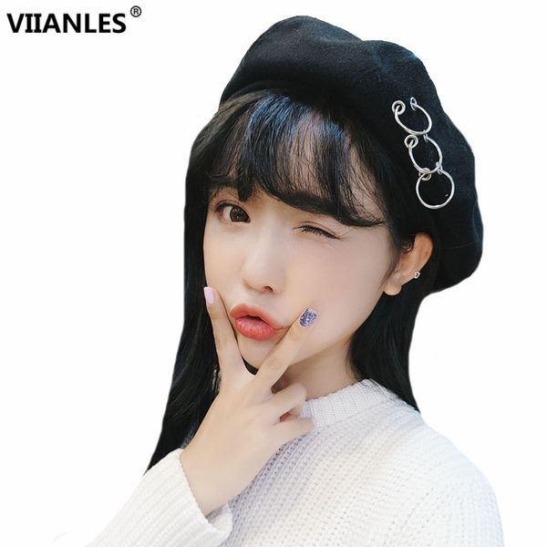 

viianles sweet girl winter warm wool women beret french artist beanie ski cap solid hats fashion new black gray boinas de mujer, Blue;gray