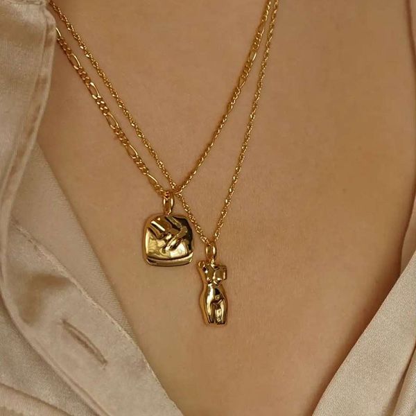 

gold color abstract female body pendant necklace minimalist stainless steel facet thin chain necklace women jewelry party, Silver