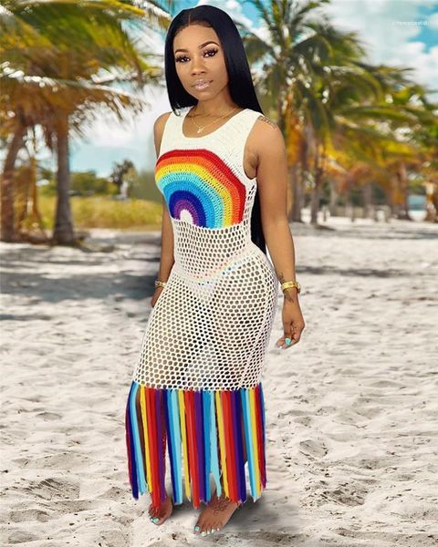 

casual dresses transparent sleeveless rainbow print womens dresses scoop neck ladies bodycon dress with tassel designer, Black;gray