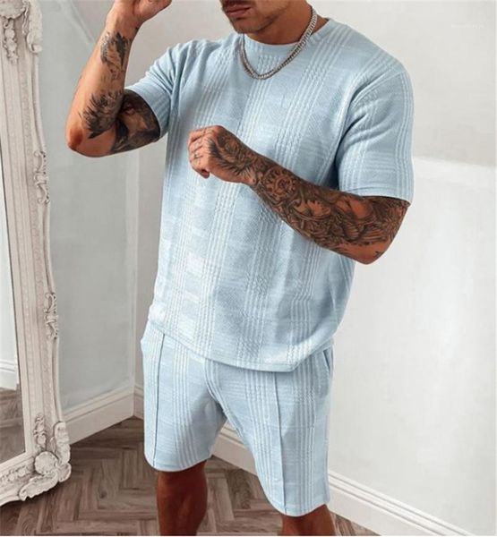 

blue tracksuits summer two pieces o-neck short sleeve with knee length shorts sets man sport loose outfits mens plaid light, Gray