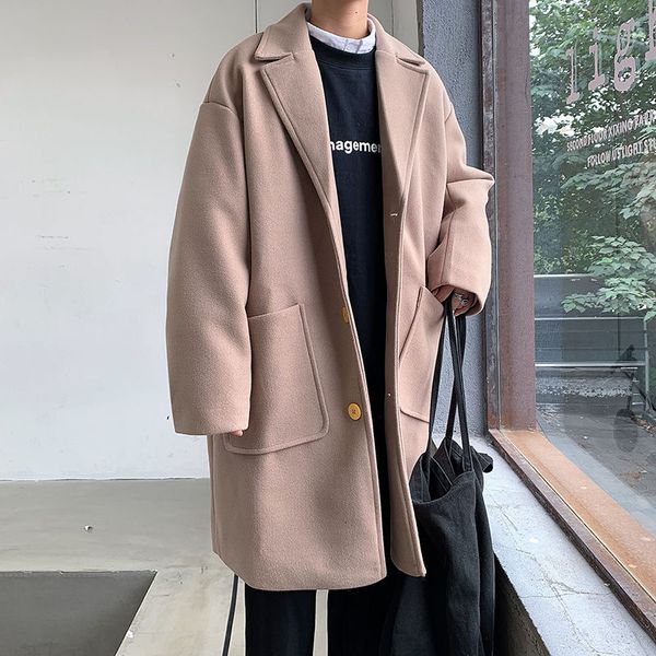 

men's wool & blends winter woolen coat fashion solid color casual long men wild loose korean style mens overcoat m-3xl, Black