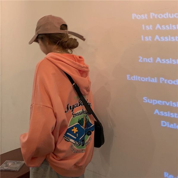 

южная корея 2020 осень новых женщин pulloversweater пуловеров одежда корейского стиль свободных случайного письмо пуловеры с капюшоном свите, Black