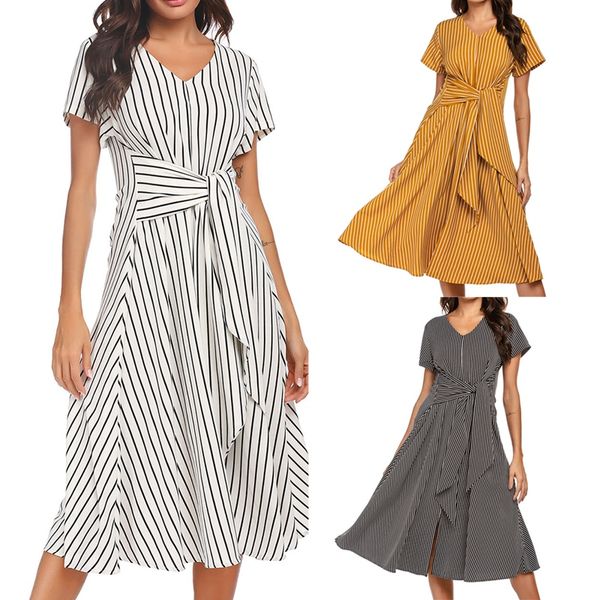 

summer v-neck striped dress casual lace-up long skirt, Black;gray