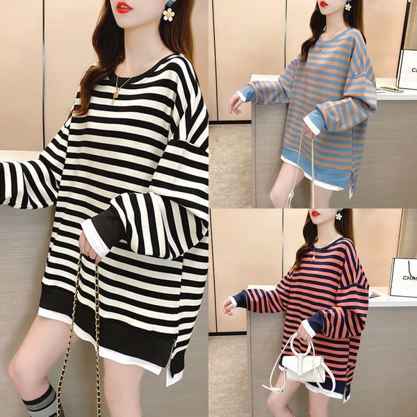 

2020 autumn new korean style women's loose striped fake sweater sweatertwo-piece lazy style fashionable ins sweater for women ilois, Black